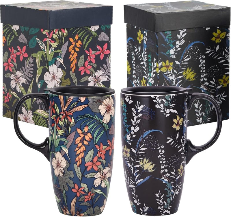 DUSVALLY Set of 2 Ceramic Travel Mug with Lid and Handle Reusable 17 Oz Large Ceramic Latte Teacup with Color Box Coffee Mug for Men Women Office Work Flowers Fathers Day Gift - Image 1