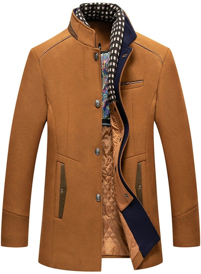 Loquat Men's Wool Blend Coat With Detachable Plaid Scarfs Stand Collar Single Breasted Pea Coat Trench Overcoat Camel 