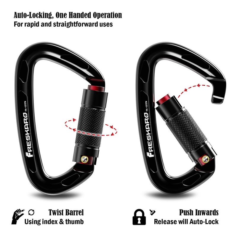 Freskaro Climbing Carabiner Clip  Heavy Duty  Auto Locking  Twist Lock Carbineers For Firefighter  Rock Climbing  Rappelling  Hunting  Gym  Uiaa Ce Certified 25Kn Karabiners  4 Inch  Black  4 Pack - Image 2