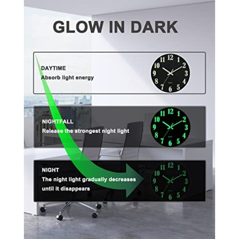 Glow in The Dark Clock, 12 Inch Modern Silent Non Ticking Wall Clocks Battery Operated, Night Light Wall Clock for Living Room Decor, Wall Clock Decorative for Kitchen Bedroom - Image 5