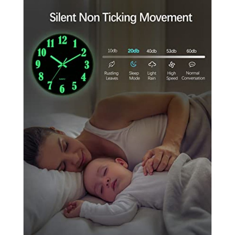 Glow in The Dark Clock, 12 Inch Modern Silent Non Ticking Wall Clocks Battery Operated, Night Light Wall Clock for Living Room Decor, Wall Clock Decorative for Kitchen Bedroom - Image 4