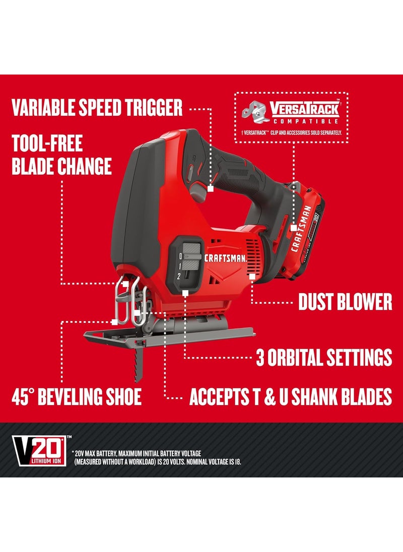 CRAFTSMAN CRAFTSMAN V20 Cordless Jig Saw Kit 3 Orbital Settings Up to 2500 SPM Battery and Charger Included CMCS600D1  - Image 3