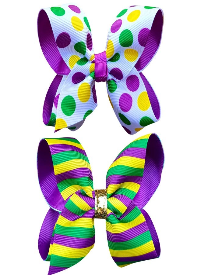 KCHIES Mardi Gras Hair Bow Gift Girls 5" Purple Gold Green Boutique Ribbon Polkadots Cheer Bow Clip Women Kids Fat Tuesday Circus Carnival Costume Party Headpiece Decor Accessories - Image 1