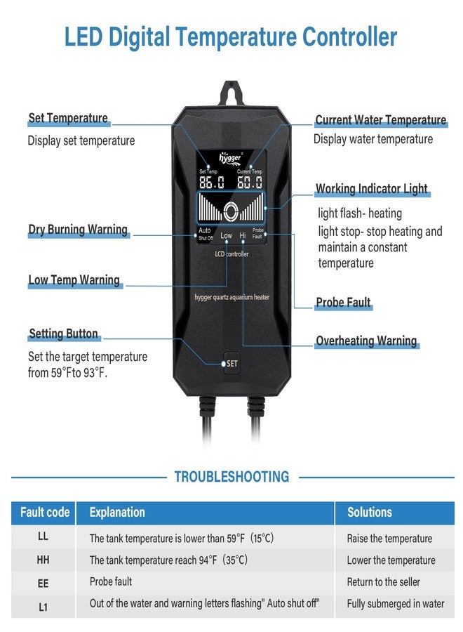 هايغر سخان حوض السمك من هيجر، بقدرات 100/200/300/500/800 واط، سخان غاطس لأحواض السمك مزود بحماية من ارتفاع درجة الحرارة وإيقاف تشغيل تلقائي، مع وحدة تحكم رقمية، مناسب لأحواض المياه العذبة والمالحة. - Image 4