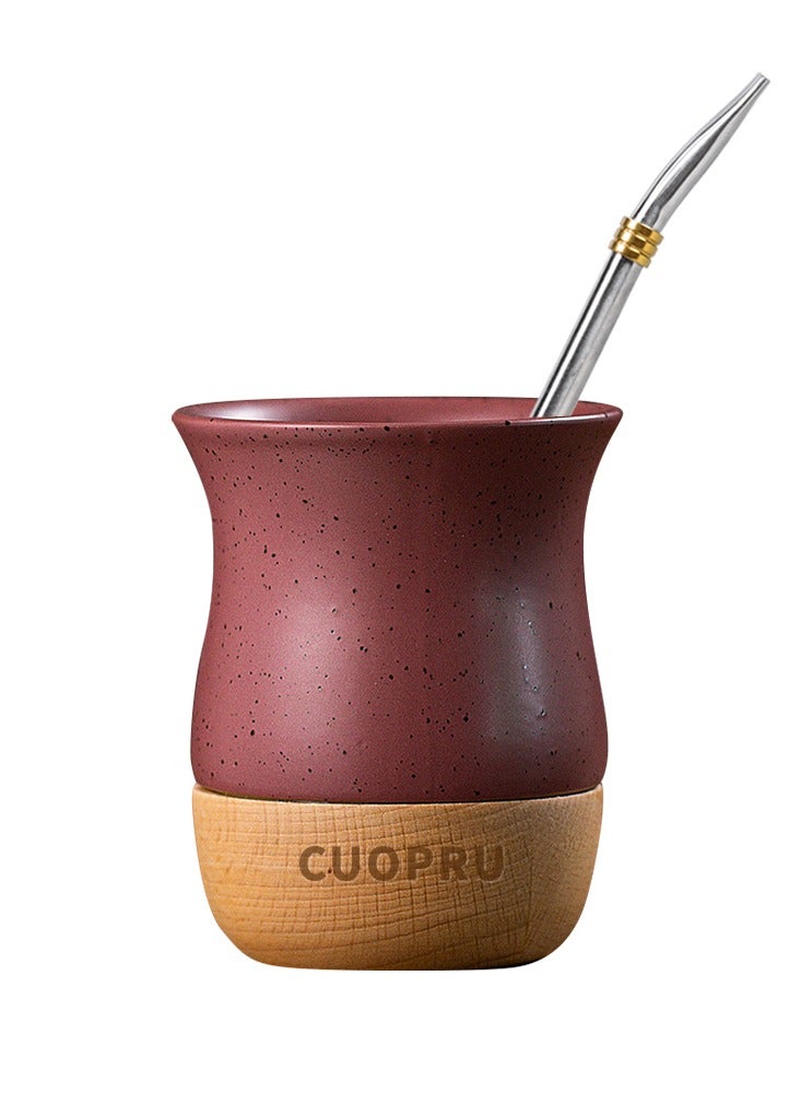 كوبرو كوب سيراميك على قاعدة خشبية مع فرشاة قش، كوب شاي ماتي، كوب قهوة - Image 1