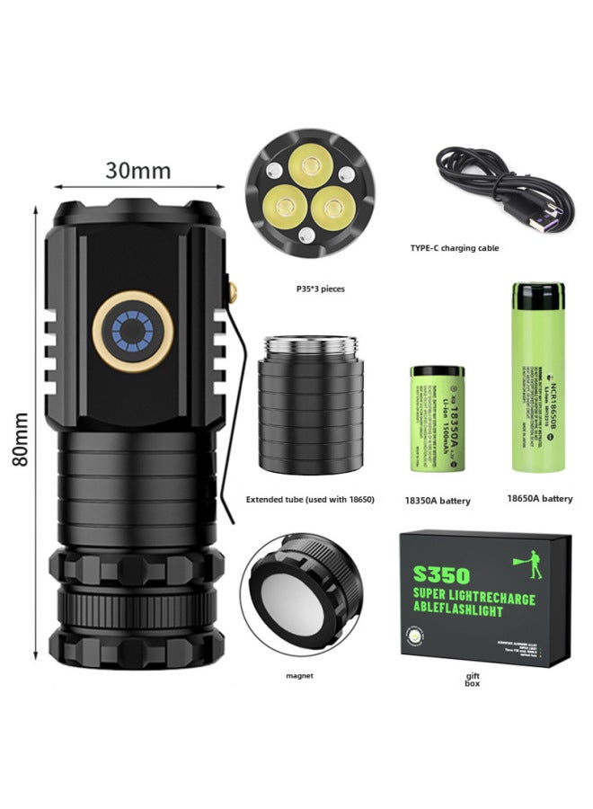 Strong Light Magnetic Flashlight Aluminum Alloy Mini Portable Outdoor Multi-function Cap Charging 3 Lights Small Flashlight-Color:S350X (18350A + Extension Tube + 18650A) Endurance Configuration  - Image 1