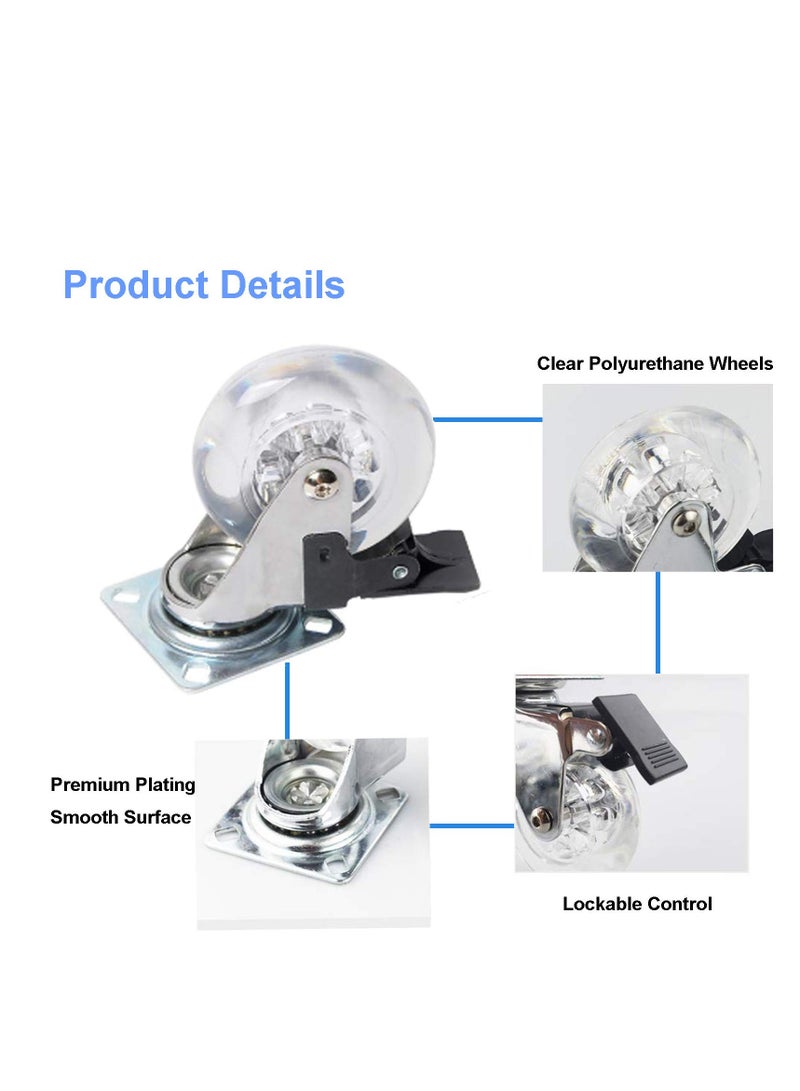 Cobest Swivel Caster Wheel, 3 Inch, Set of 4 for Furniture 800lbs, Lockable Heavy Duty Clear Polyurethane Rolling Wheels with 360 Degree Top Plate for Cabinet, Ottoman, Bench Gel Clear, Screws Included - Image 5