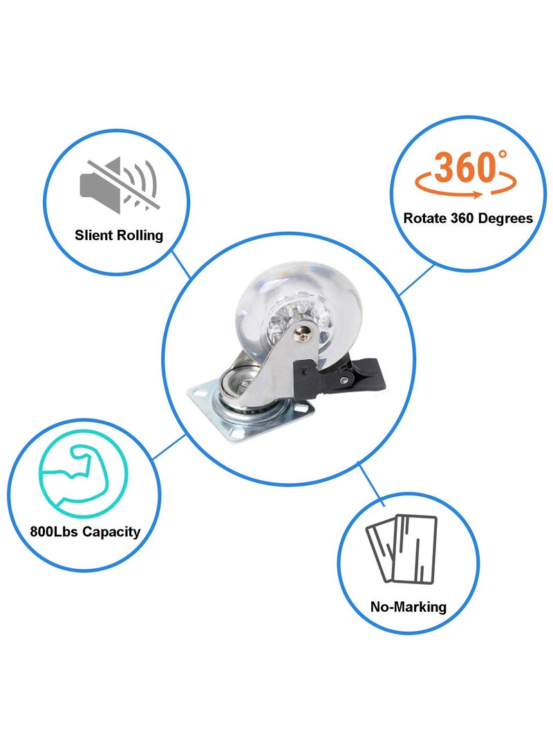 Cobest Swivel Caster Wheel, 3 Inch, Set of 4 for Furniture 800lbs, Lockable Heavy Duty Clear Polyurethane Rolling Wheels with 360 Degree Top Plate for Cabinet, Ottoman, Bench Gel Clear, Screws Included - Image 2