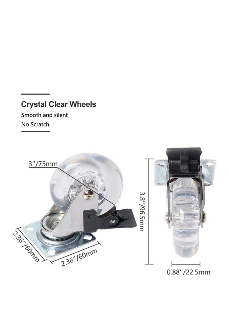 Cobest Swivel Caster Wheel, 3 Inch, Set of 4 for Furniture 800lbs, Lockable Heavy Duty Clear Polyurethane Rolling Wheels with 360 Degree Top Plate for Cabinet, Ottoman, Bench Gel Clear, Screws Included - Image 3