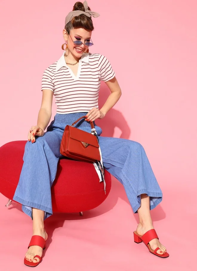 SASSAFRAS Gorgeous Red Striped Polo T-Shirt for Women