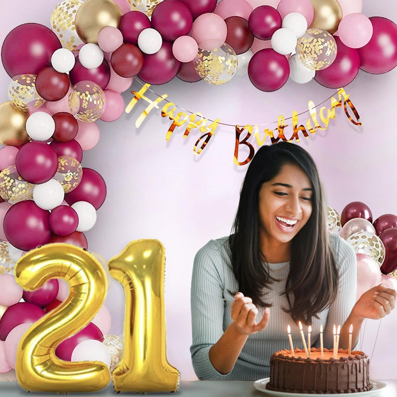 Party Propz 21st Birthday Decoration Kit - 63 Pcs Pink & Burgundy Birthday Balloon Decoration Set with 21 Number Foil Balloon, Pink Balloons, Banner & Balloons (Latex, Foil, Cardstock) - Image 5