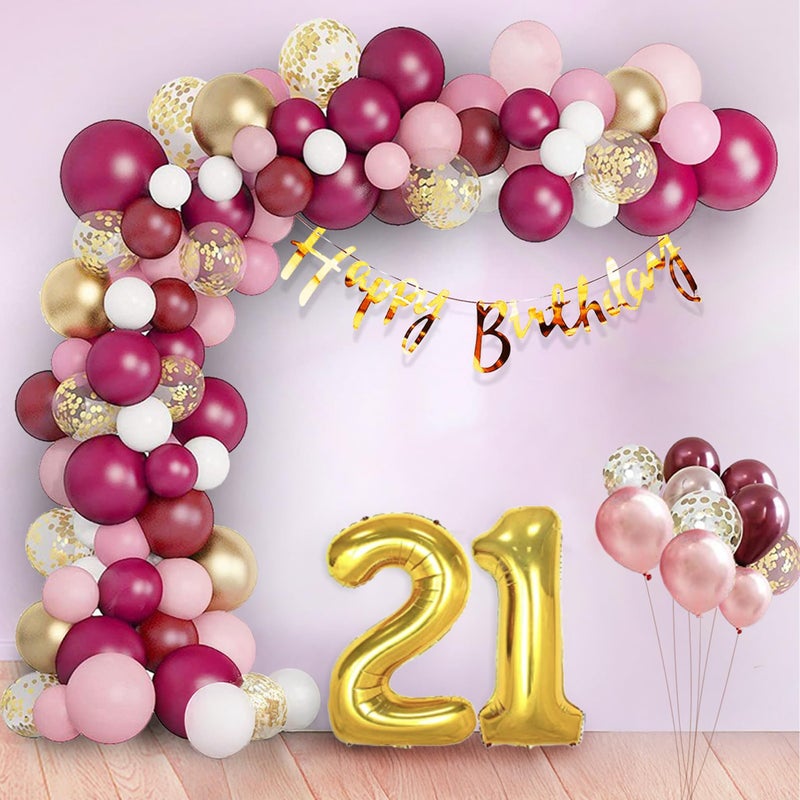 Party Propz 21st Birthday Decoration Kit - 63 Pcs Pink & Burgundy Birthday Balloon Decoration Set with 21 Number Foil Balloon, Pink Balloons, Banner & Balloons (Latex, Foil, Cardstock) - Image 1