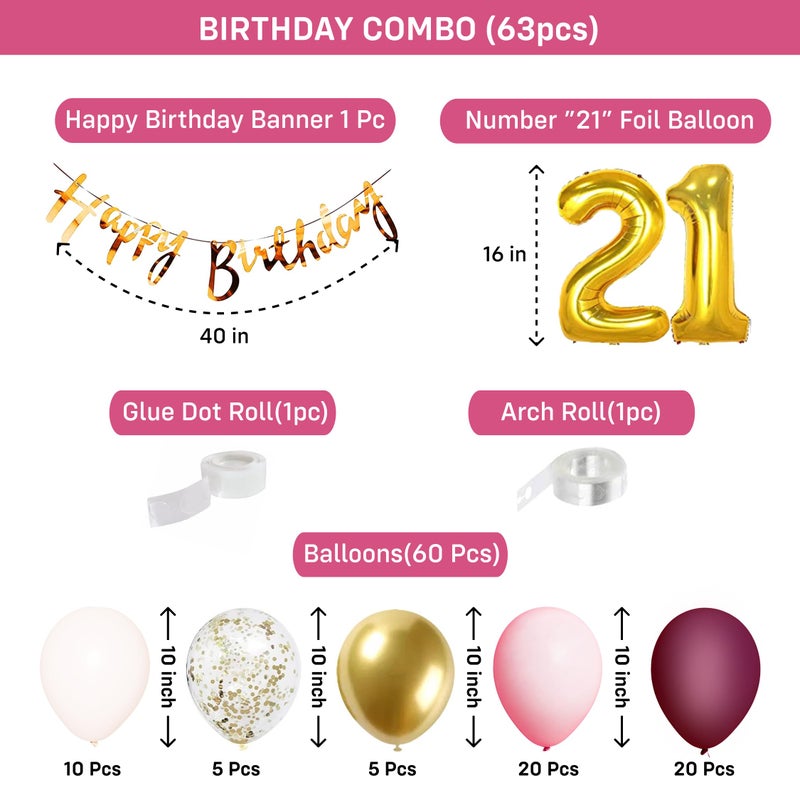 Party Propz 21st Birthday Decoration Kit - 63 Pcs Pink & Burgundy Birthday Balloon Decoration Set with 21 Number Foil Balloon, Pink Balloons, Banner & Balloons (Latex, Foil, Cardstock) - Image 2