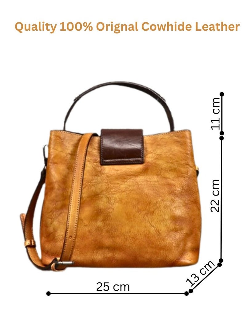 MOSH Luxury Cowhide Leather Shoulder Bag for Women - Classic Bucket Handbag with Top Handle  - Image 5
