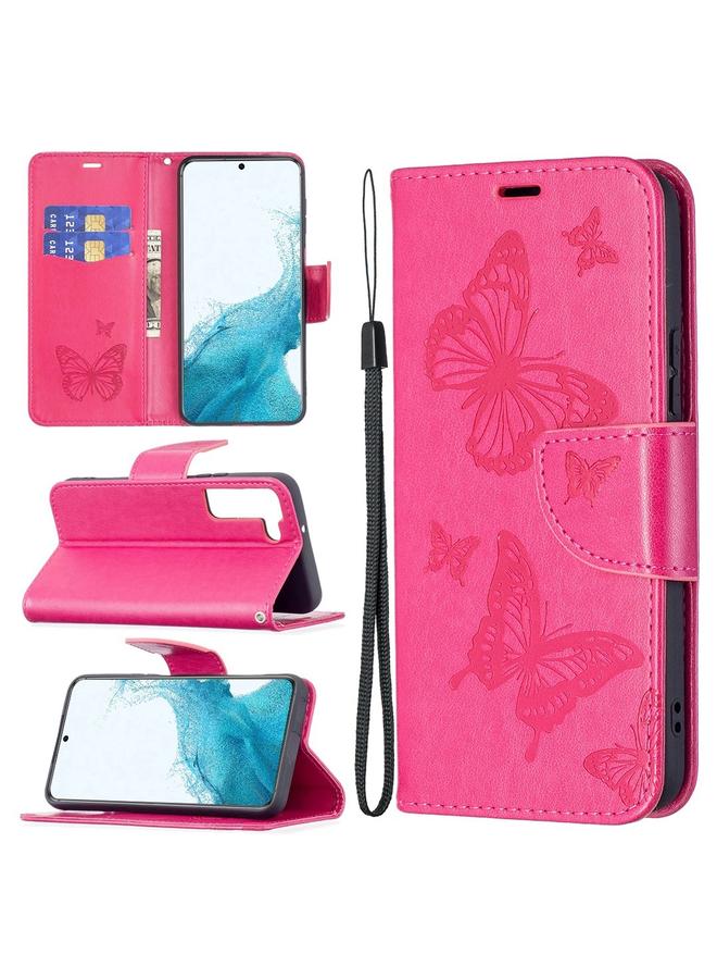 اس-توب جراب لهاتف Samsung Galaxy S22+ 5G من الجلد بنقشة فراشتين مع حامل وفتحة بطاقة ومحفظة وحبل - Image 1