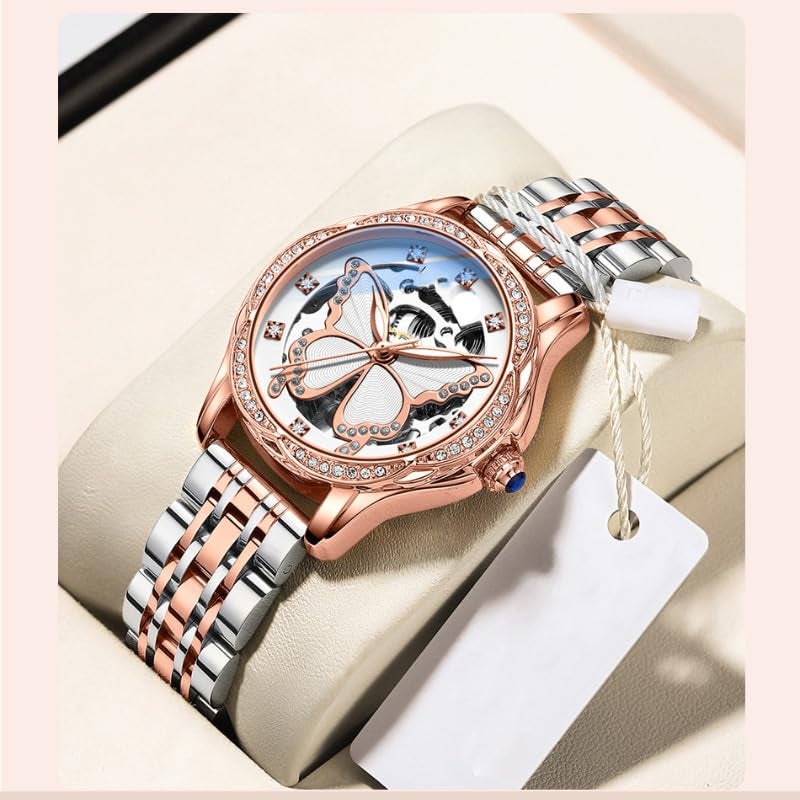 Reginald Watches for Women Fashion Casual Dress Watch Waterproof Butterfly Skeleton Dial Automatic Mechanical Watch (Silver) - Image 3