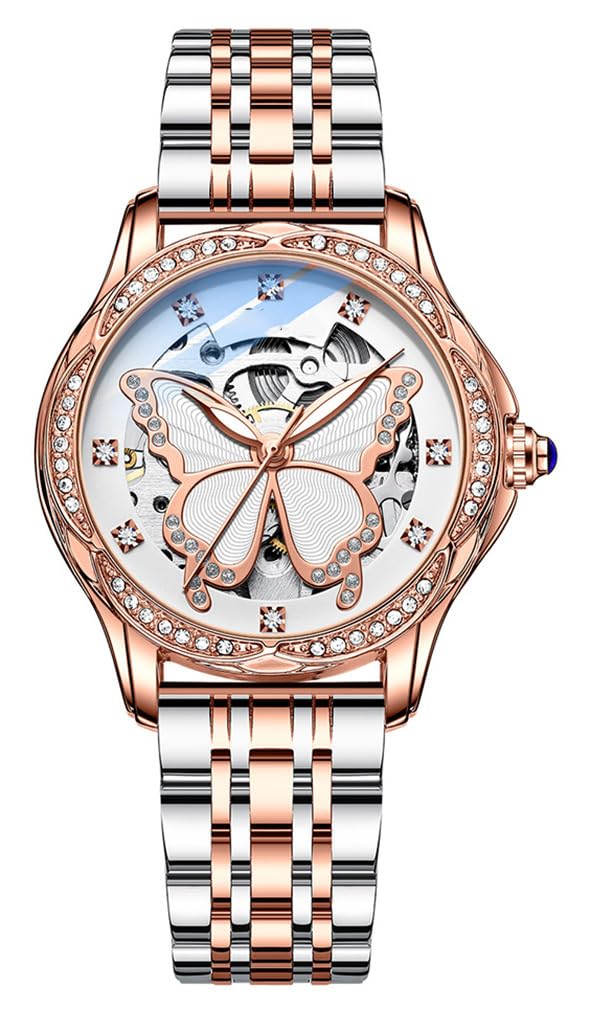 Reginald Watches for Women Fashion Casual Dress Watch Waterproof Butterfly Skeleton Dial Automatic Mechanical Watch (Silver) - Image 1