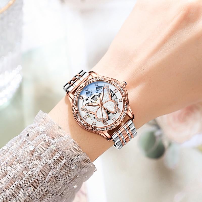 Reginald Watches for Women Fashion Casual Dress Watch Waterproof Butterfly Skeleton Dial Automatic Mechanical Watch (Silver) - Image 4
