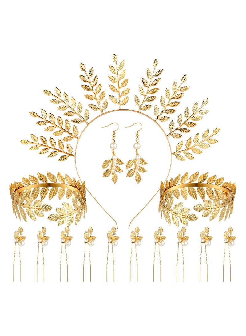 SYOSI 15 Pieces Greek Goddess Costume Accessories, Women Toga Golden Leaves Bridal Crown Headband Bracelet Pearl Earrings and Hair Pins,  for Hair Comb Bridal Wedding Toga Party (Elegant Style) - Image 1