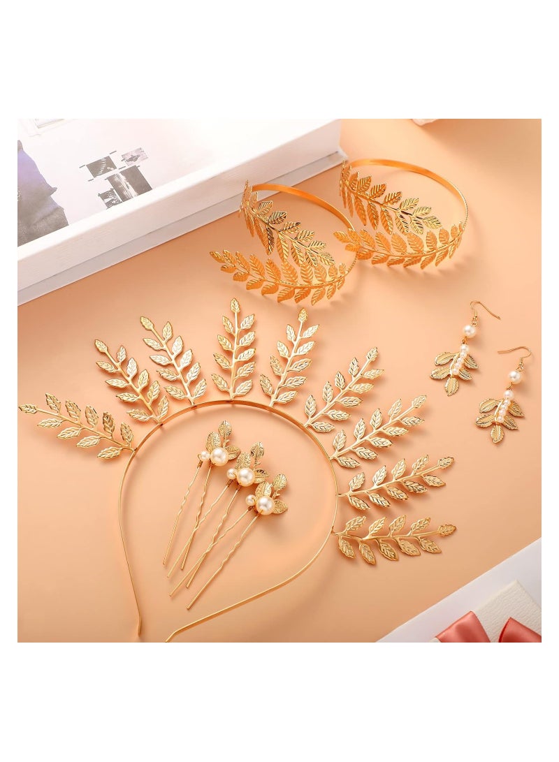 SYOSI 15 Pieces Greek Goddess Costume Accessories, Women Toga Golden Leaves Bridal Crown Headband Bracelet Pearl Earrings and Hair Pins,  for Hair Comb Bridal Wedding Toga Party (Elegant Style) - Image 4