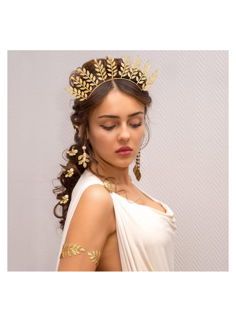 SYOSI 15 Pieces Greek Goddess Costume Accessories, Women Toga Golden Leaves Bridal Crown Headband Bracelet Pearl Earrings and Hair Pins,  for Hair Comb Bridal Wedding Toga Party (Elegant Style) - Image 3