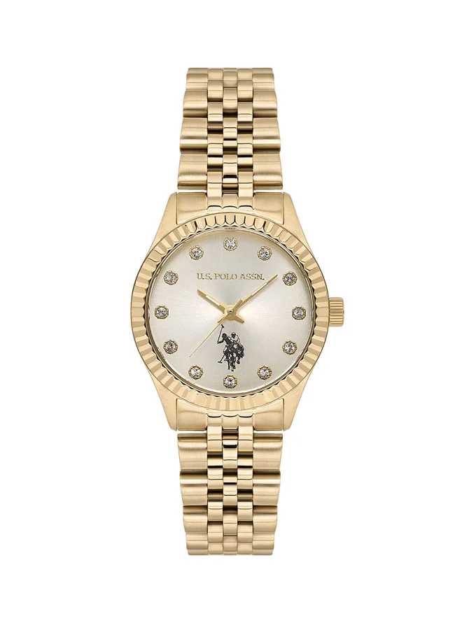 U.S. Polo Assn. U.S. Polo Assn. Stile Ladies' 30mm Watch with Stone-Studded Champagne Gold Dial & Etched Bezel on Yellow Gold Stainless Steel Band - USPA2086-04, Modern Elegance for Every Occasion