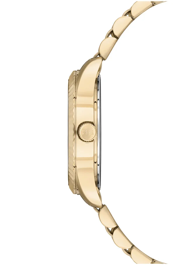 U.S. Polo Assn. U.S. Polo Assn. Stile Ladies' 30mm Watch with Stone-Studded Champagne Gold Dial & Etched Bezel on Yellow Gold Stainless Steel Band - USPA2086-04, Modern Elegance for Every Occasion