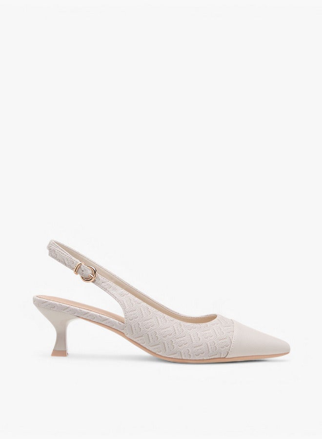 Flora Bella By Shoexpress Women's Monogram Print Pointed Toe Slingback Shoes with Kitten Heels  - Image 3