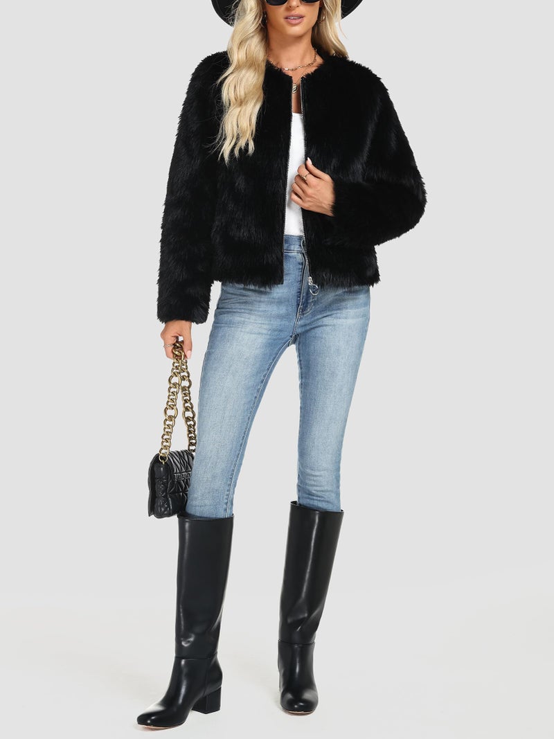 Funlingo Womens Faux Fur Coat Winter Long Sleeve Zip Up Warm Cropped Jacket Crew Neck Trendy Furry Outerwear Black L - Image 5