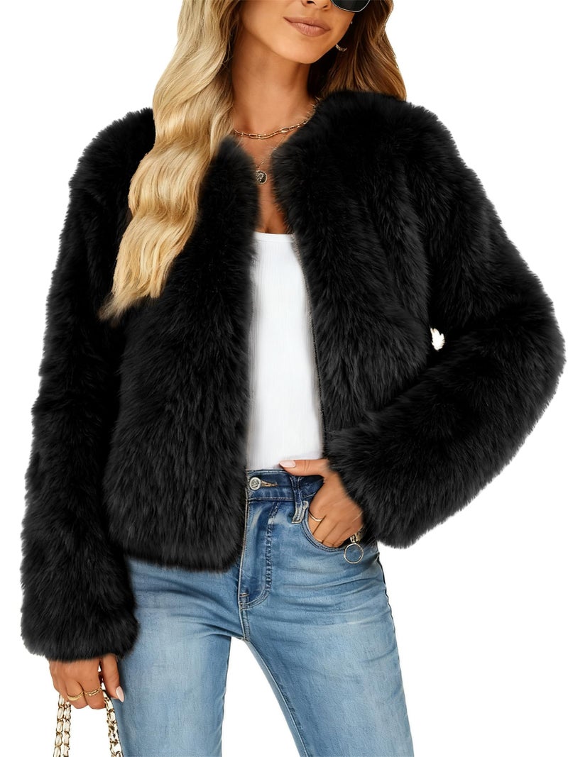 Funlingo Womens Faux Fur Coat Winter Long Sleeve Zip Up Warm Cropped Jacket Crew Neck Trendy Furry Outerwear Black L - Image 1