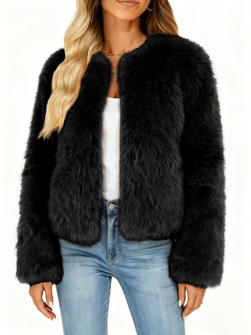 Funlingo Womens Faux Fur Coat Winter Long Sleeve Zip Up Warm Cropped Jacket Crew Neck Trendy Furry Outerwear Black L - Image 2
