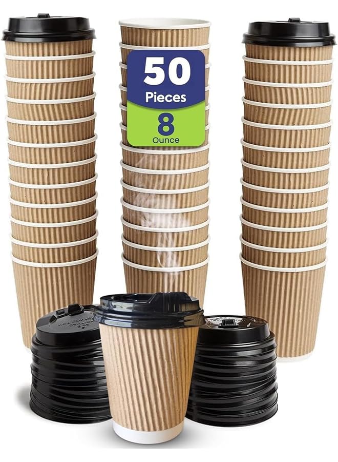 S-TOP 50 Pack 8oz Insulated Ripple Wall Paper Coffee Cups with Lids, Disposable Hot Cups for Coffee, Tea, Hot Chocolate, Office, Home, Party Use - Image 1