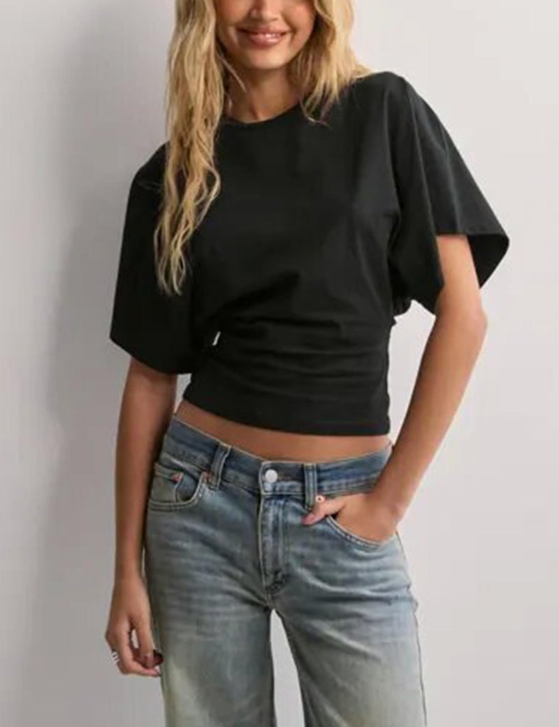 Lumister Shirts for Womens Crewneck Tighten Waist T-Shirt Casual Short Sleeve Workout Tops Solid Color Basic Tees(0781-Black-L) - Image 2