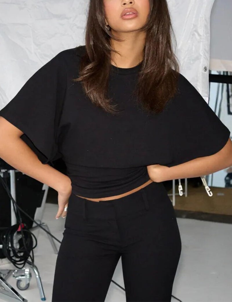 Lumister Shirts for Womens Crewneck Tighten Waist T-Shirt Casual Short Sleeve Workout Tops Solid Color Basic Tees(0781-Black-L) - Image 5