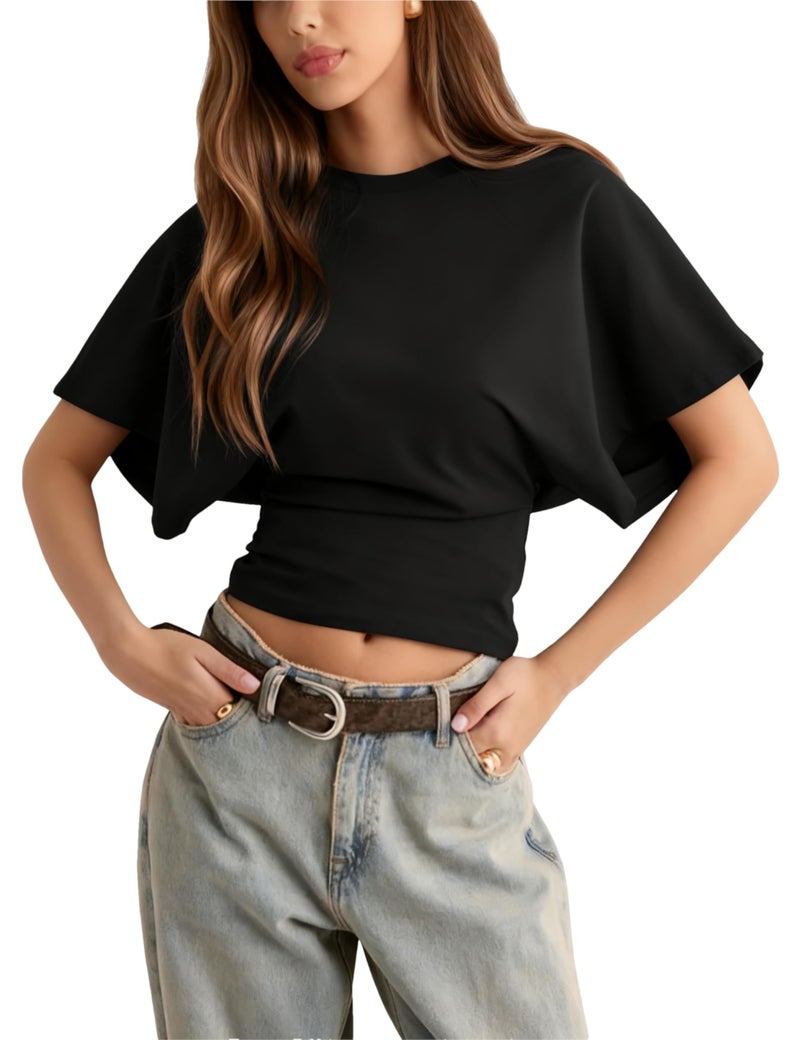 Lumister Shirts for Womens Crewneck Tighten Waist T-Shirt Casual Short Sleeve Workout Tops Solid Color Basic Tees(0781-Black-L) - Image 1
