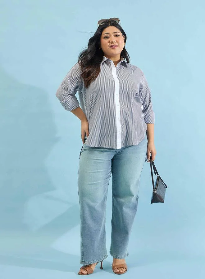 Sassafras Plus Size Striped Contrast Trims Regular Fit Shirt