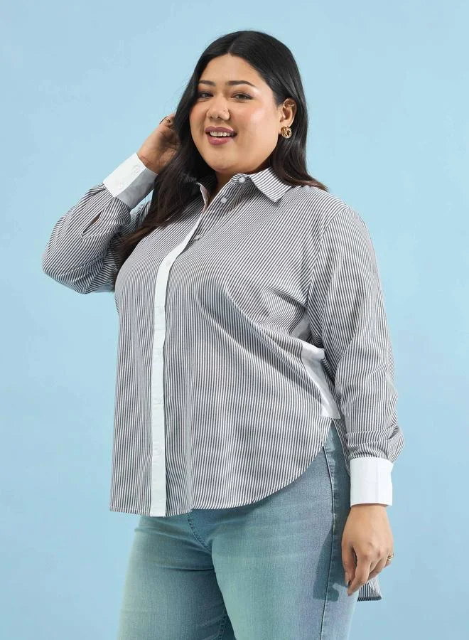 Plus Size Striped Contrast Trims Regular Fit Shirt