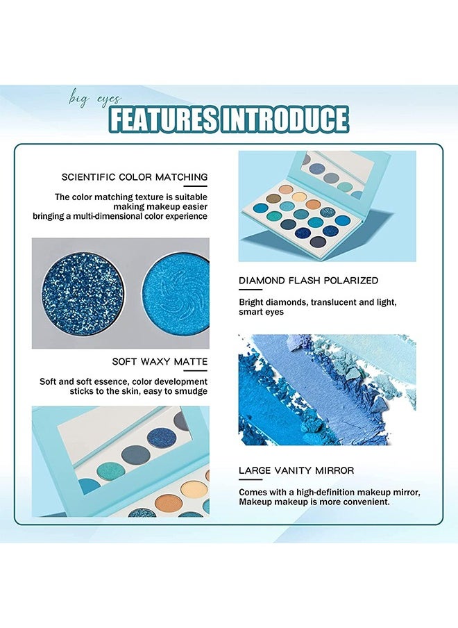 Technic - Blue Eyeshadow Palette, 15 Colors Eye Shadow Pallete Sets Highly Pigmented Matte Glitter Colorful Long Lasting Blendable Nude Silver Grey Glitter Metallic Navy Dark Light Blue Makeup Pallet For Women - Image 1