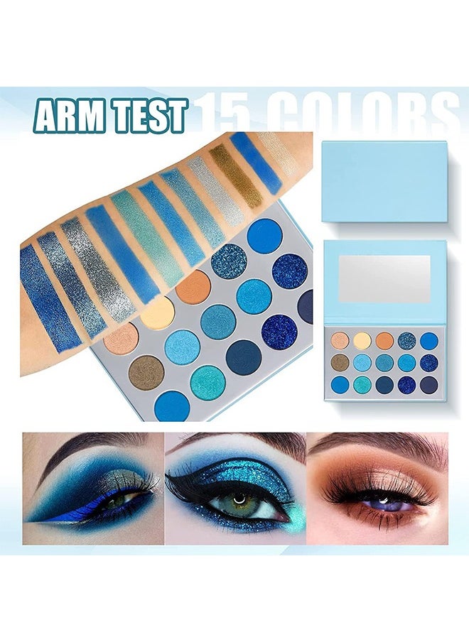 Technic - Blue Eyeshadow Palette, 15 Colors Eye Shadow Pallete Sets Highly Pigmented Matte Glitter Colorful Long Lasting Blendable Nude Silver Grey Glitter Metallic Navy Dark Light Blue Makeup Pallet For Women - Image 1