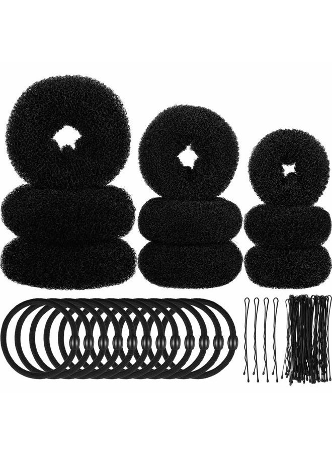 WILLBOND Women, Girls and Kids Foam Sponge Donut Hair Bun Shaper Set - 9 Rings with 12 Elastic Bands and 32 Bobby Pins (Black)  - Image 1