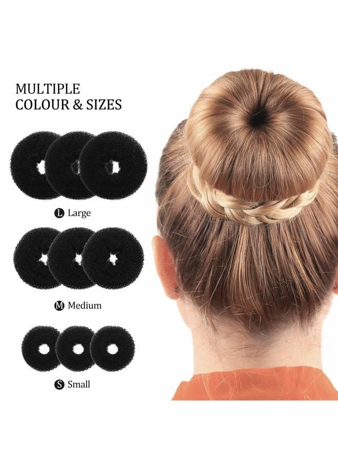 WILLBOND Women, Girls and Kids Foam Sponge Donut Hair Bun Shaper Set - 9 Rings with 12 Elastic Bands and 32 Bobby Pins (Black)  - Image 5