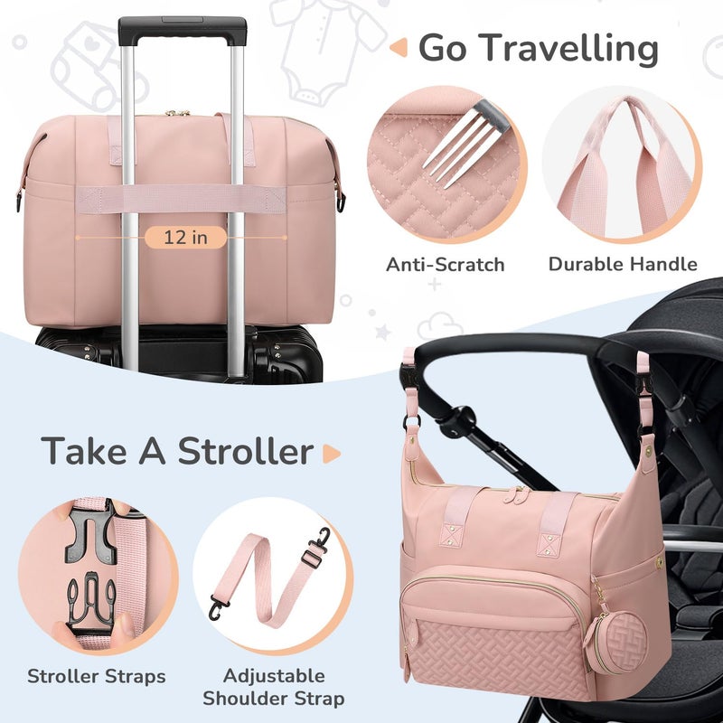 Tenot Diaper Bag Tote, Baby Bag Travel Diaper Tote Bag with Pacifier Case, Cute Maternity Hospital Baby Stylish Diaper Tote for Mom Dad Pink - Image 5