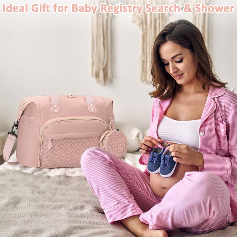 Tenot Diaper Bag Tote, Baby Bag Travel Diaper Tote Bag with Pacifier Case, Cute Maternity Hospital Baby Stylish Diaper Tote for Mom Dad Pink - Image 4