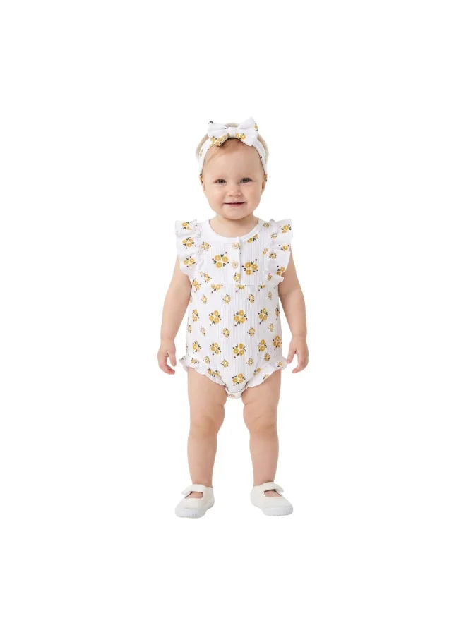 Bambimici Toddler Girl Cotton Summer Romper with Headband – 2-Piece Ruffle Bodysuit Set