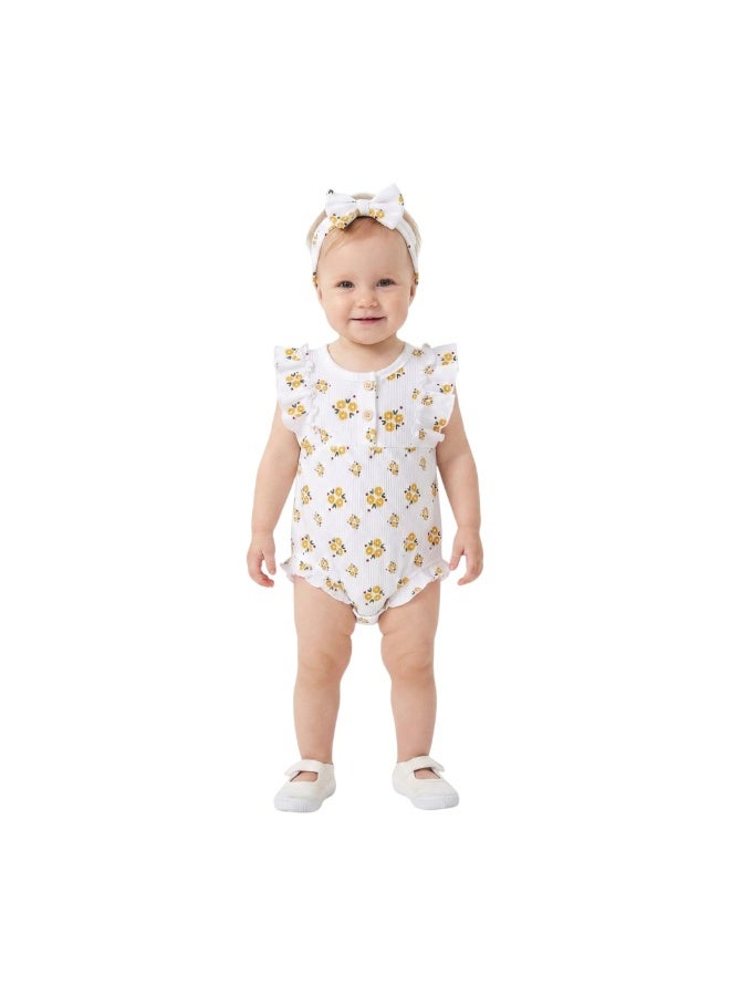 Bambimici Toddler Girl Cotton Summer Romper with Headband – 2-Piece Ruffle Bodysuit Set - Image 1