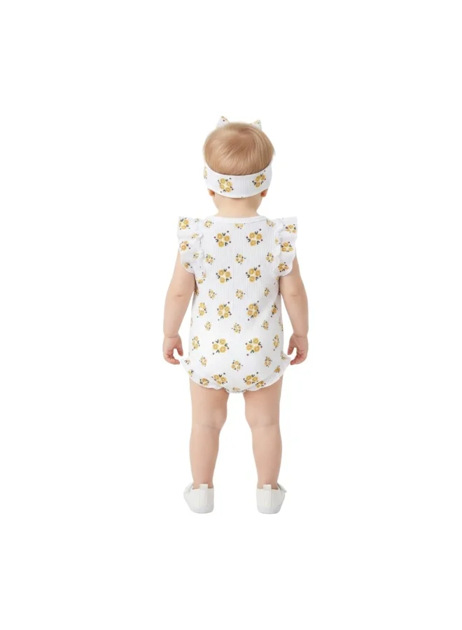 Bambimici Toddler Girl Cotton Summer Romper with Headband – 2-Piece Ruffle Bodysuit Set