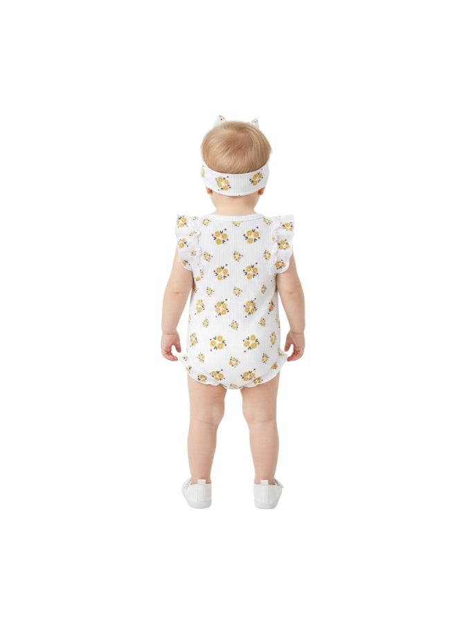 Bambimici Toddler Girl Cotton Summer Romper with Headband – 2-Piece Ruffle Bodysuit Set - Image 2