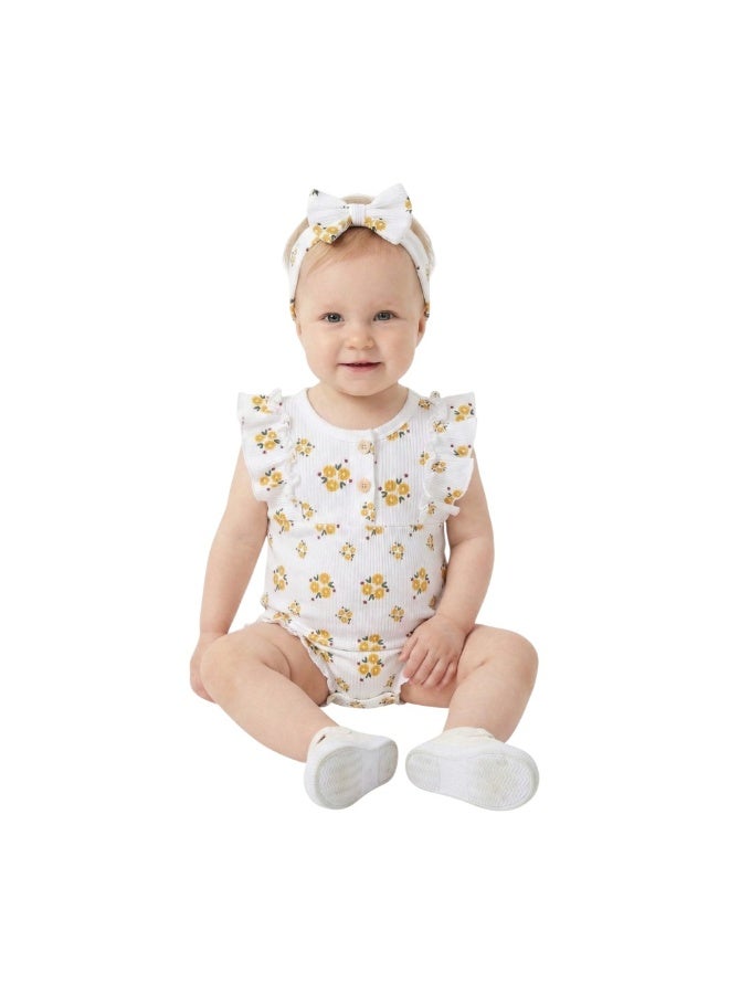 Bambimici Toddler Girl Cotton Summer Romper with Headband – 2-Piece Ruffle Bodysuit Set - Image 3