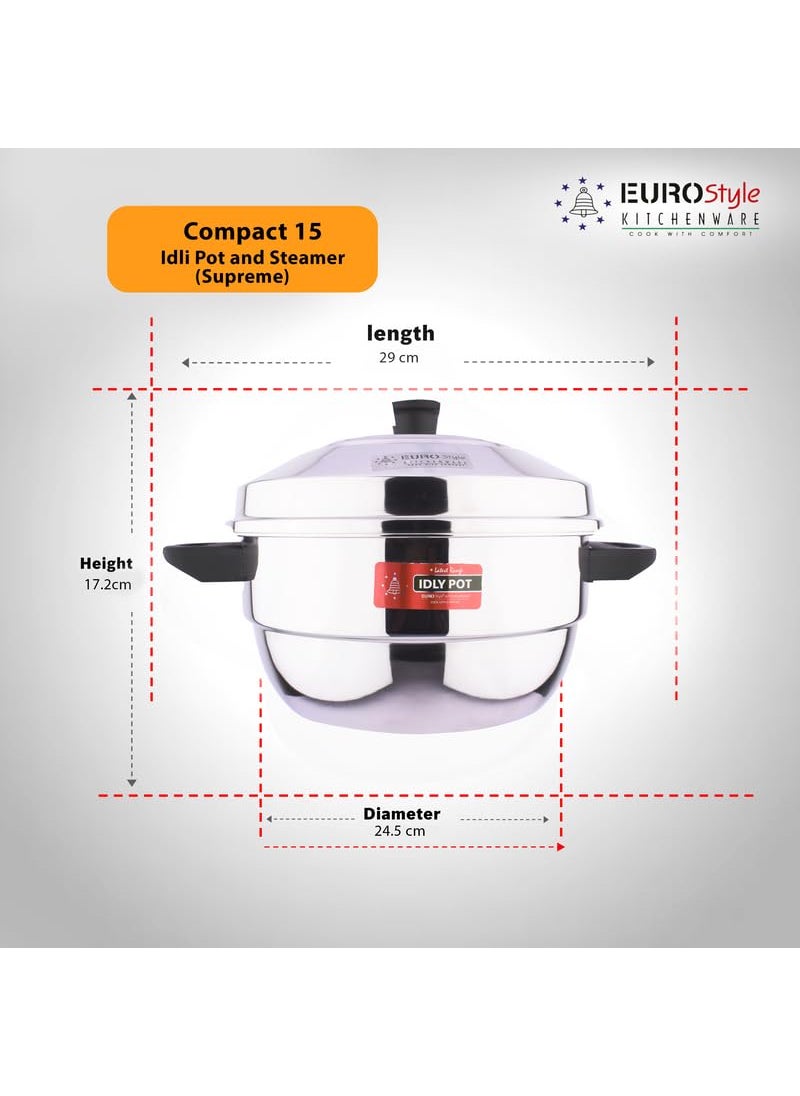EUROstyle KITCHENWARE COOK WITH COMFORT Eurostyle Compact Supreme 15 Stainless Steel Idli Cookware Steamer Idli Idiyappam Dhokla Vegetable Steamer2in 1 3 Idli Plates 15 idlis 1 Mini Idli Plate 1 Steamer Stainless Steel EUS_Comp_15_Sup  - Image 2