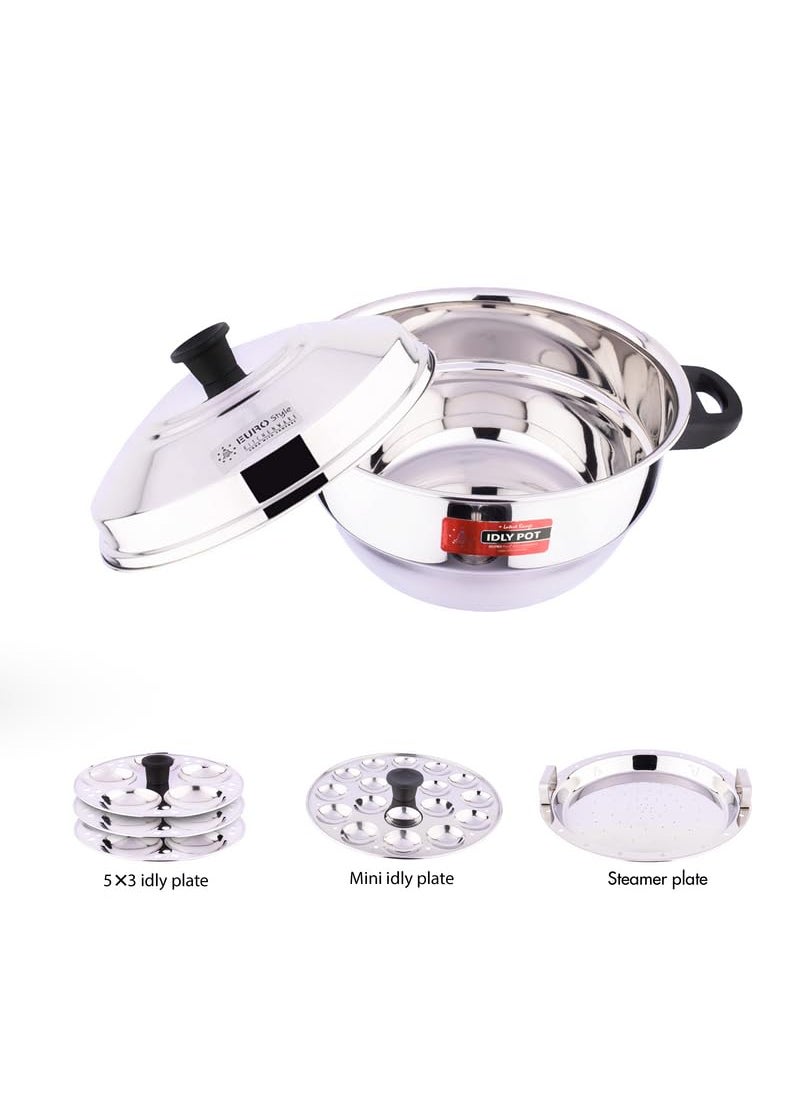 EUROstyle KITCHENWARE COOK WITH COMFORT Eurostyle Compact Supreme 15 Stainless Steel Idli Cookware Steamer Idli Idiyappam Dhokla Vegetable Steamer2in 1 3 Idli Plates 15 idlis 1 Mini Idli Plate 1 Steamer Stainless Steel EUS_Comp_15_Sup  - Image 3
